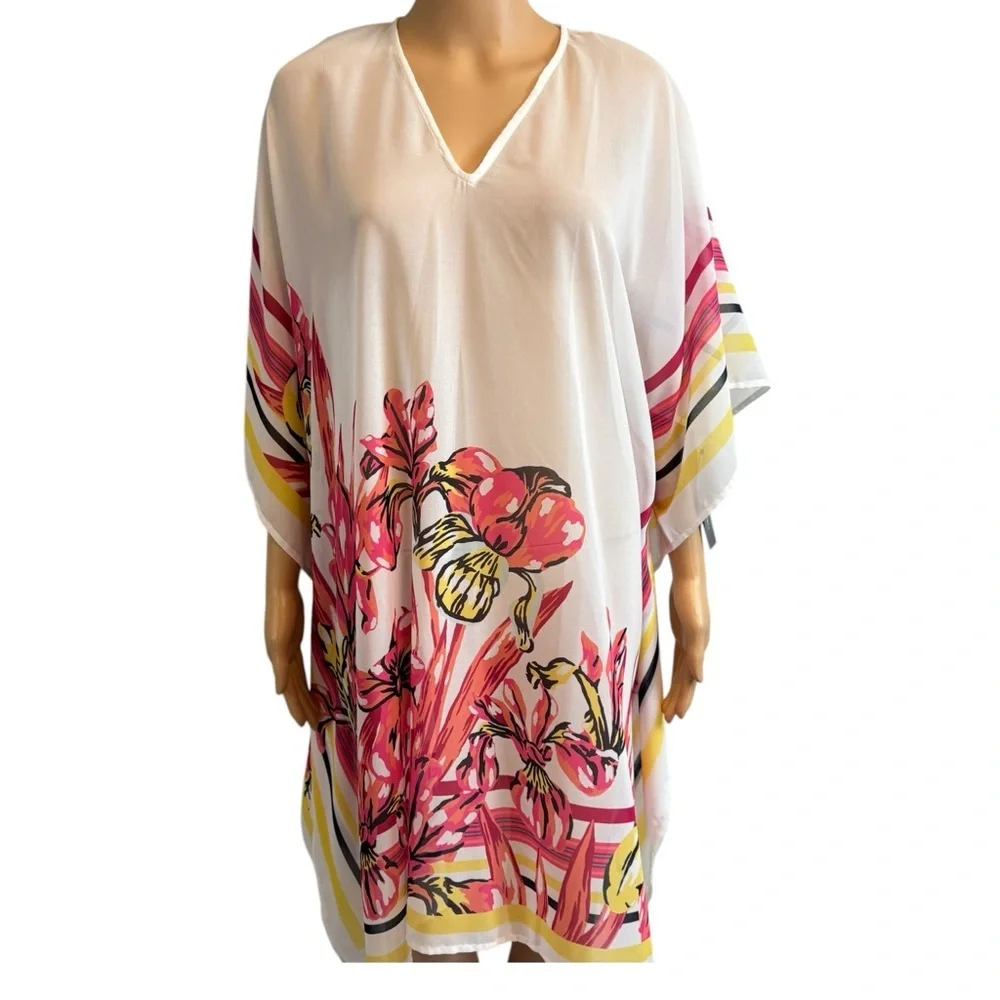 Carmen Marc Valvo Hibiscus V-Neck Caftan Cover Up NWT
